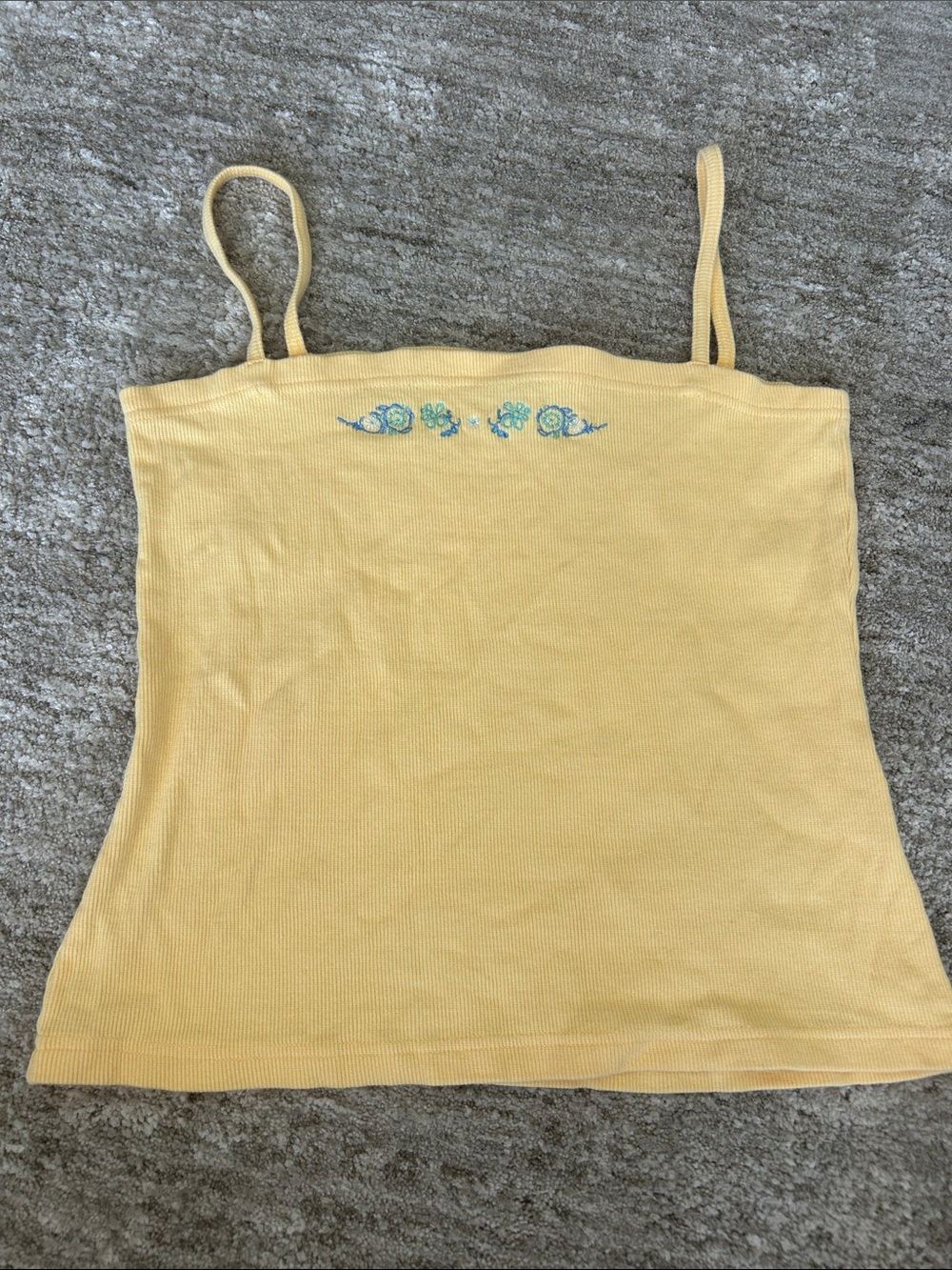 Vintage Yellow Ribbed Spaghetti Strap Tank Top with Floral Embroidery - No Tags